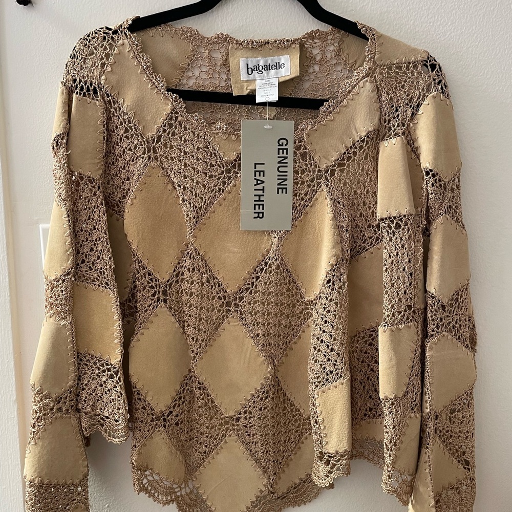 Bagatelle Tan Crochet Genuine Leather shawl